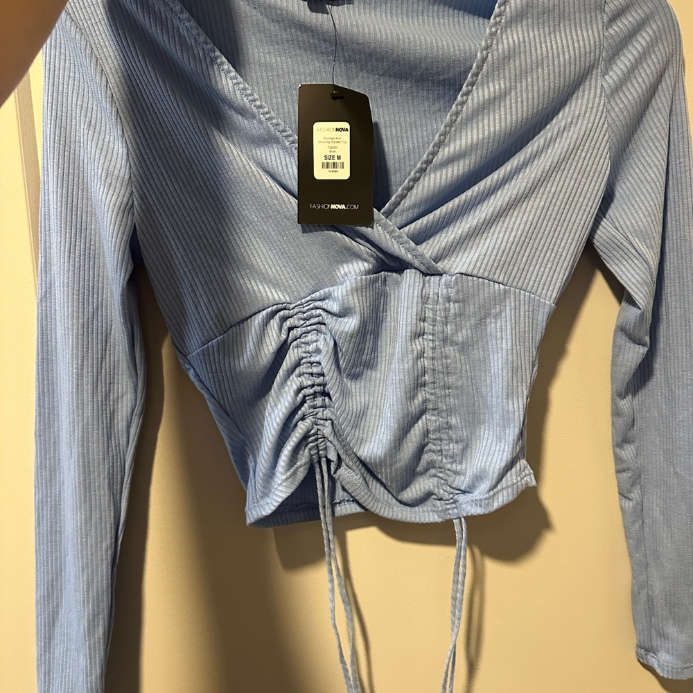Fashion nova  Light Blue Ruched Wrap Blouse